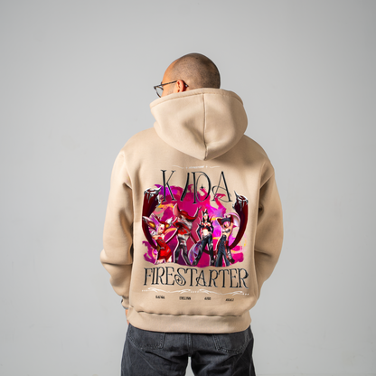 Firestarter K/DA hoodie in beige – back view on model – League of Legends